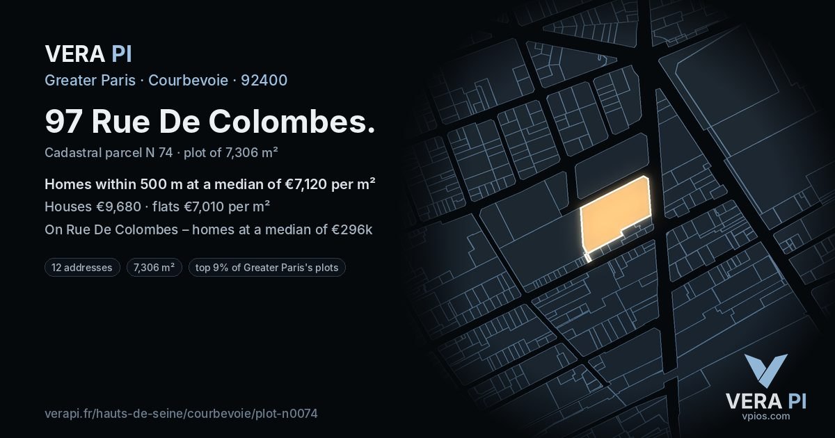 97 Rue De Colombes, Courbevoie at night – the plot lit, the parcels around coloured by the prices near them