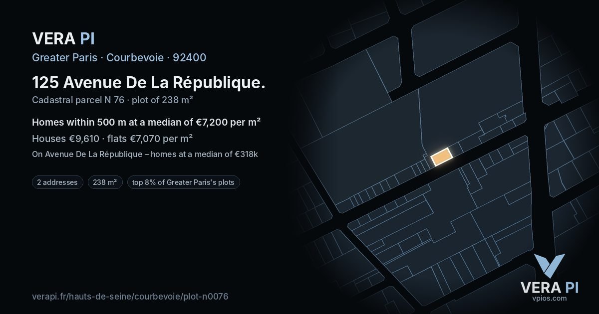 125 Avenue De La République, Courbevoie at night – the plot lit, the parcels around coloured by the prices near them