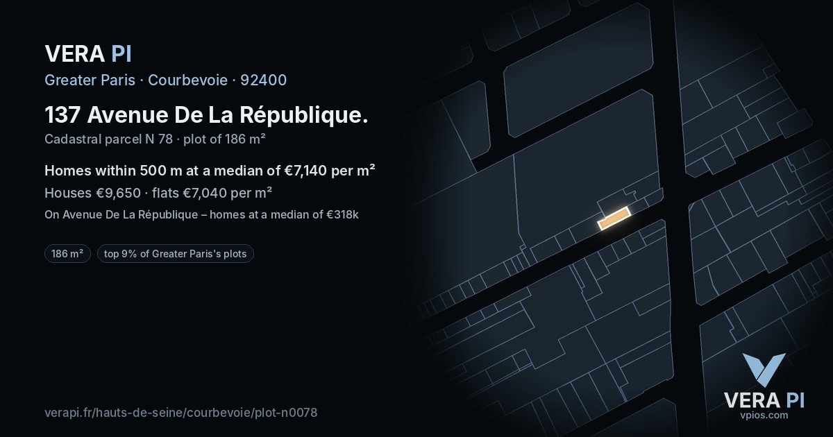 137 Avenue De La République, Courbevoie at night – the plot lit, the parcels around coloured by the prices near them