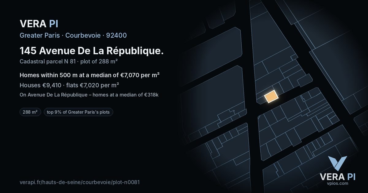 145 Avenue De La République, Courbevoie at night – the plot lit, the parcels around coloured by the prices near them