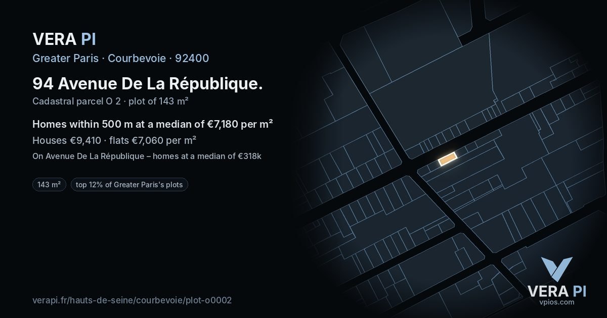 94 Avenue De La République, Courbevoie at night – the plot lit, the parcels around coloured by the prices near them