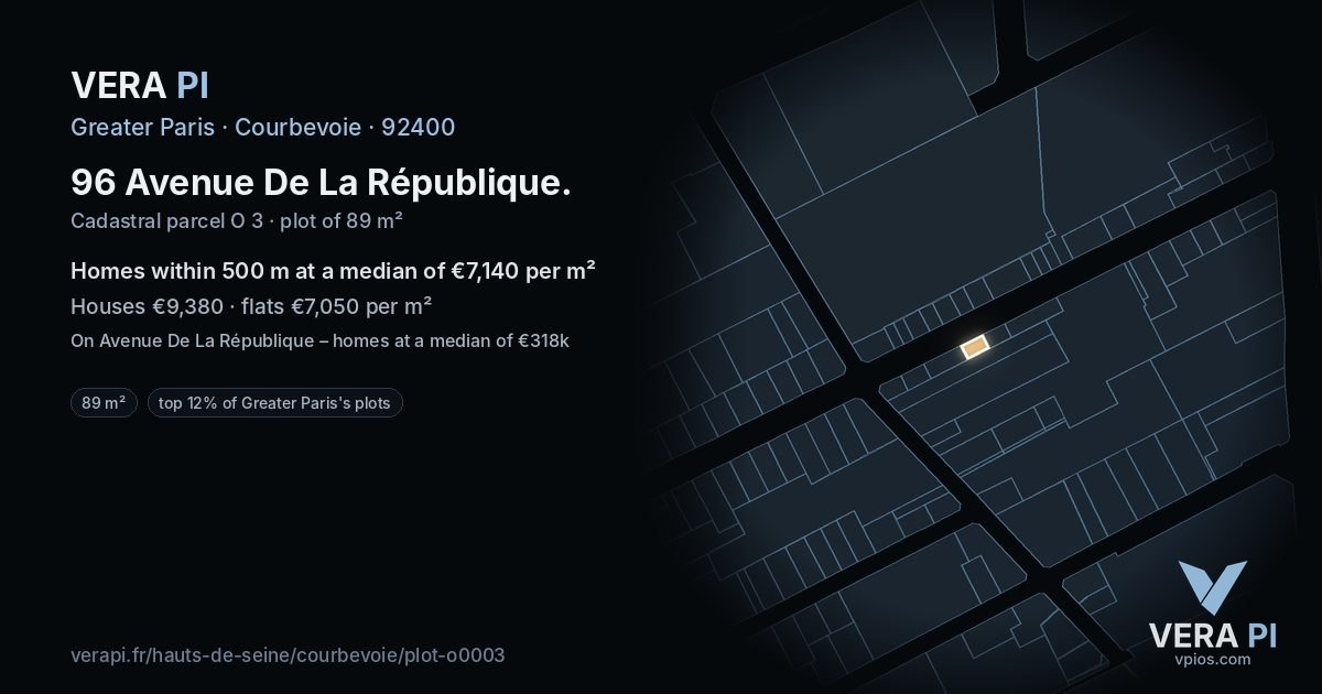 96 Avenue De La République, Courbevoie at night – the plot lit, the parcels around coloured by the prices near them