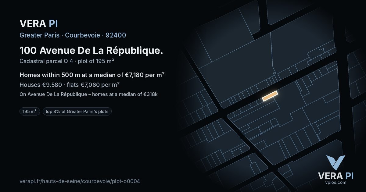 100 Avenue De La République, Courbevoie at night – the plot lit, the parcels around coloured by the prices near them