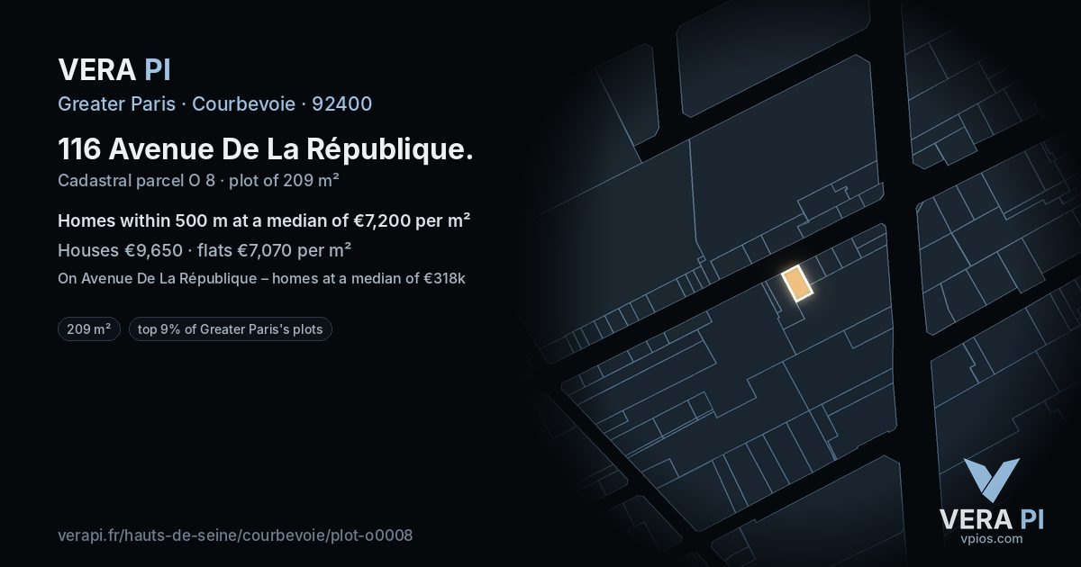 116 Avenue De La République, Courbevoie at night – the plot lit, the parcels around coloured by the prices near them