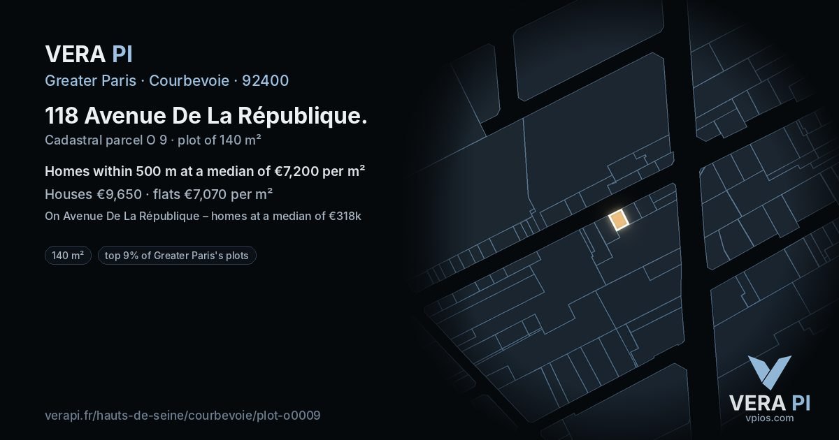 118 Avenue De La République, Courbevoie at night – the plot lit, the parcels around coloured by the prices near them