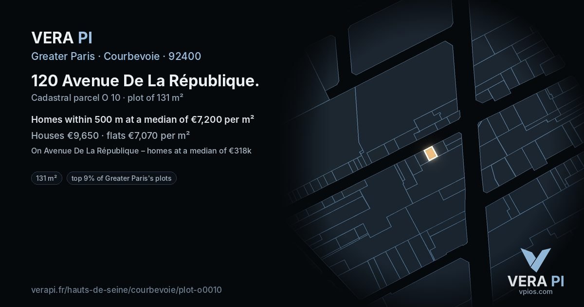 120 Avenue De La République, Courbevoie at night – the plot lit, the parcels around coloured by the prices near them