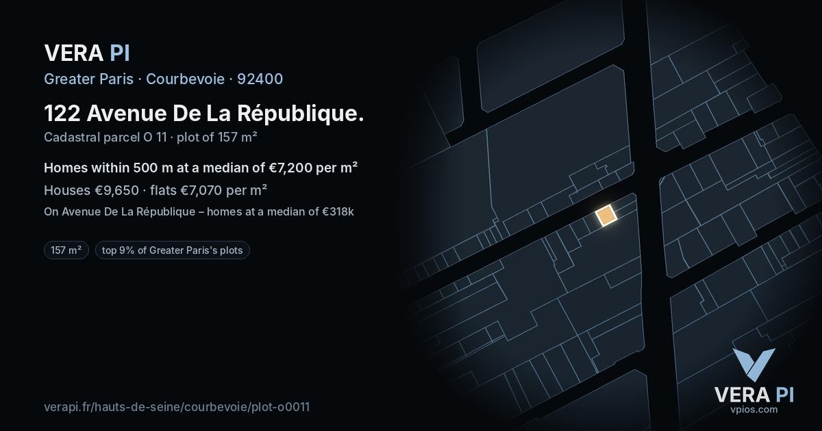 122 Avenue De La République, Courbevoie at night – the plot lit, the parcels around coloured by the prices near them