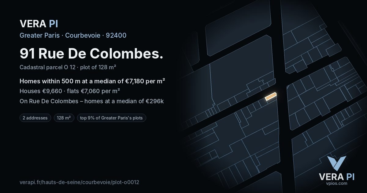 91 Rue De Colombes, Courbevoie at night – the plot lit, the parcels around coloured by the prices near them