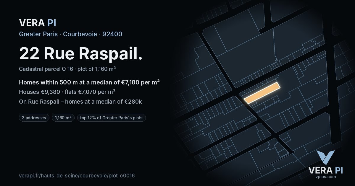 22 Rue Raspail, Courbevoie at night – the plot lit, the parcels around coloured by the prices near them