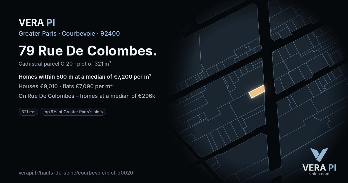79 Rue De Colombes, Courbevoie at night – the plot lit, the parcels around coloured by the prices near them