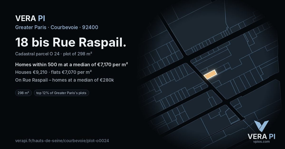 18 bis Rue Raspail, Courbevoie at night – the plot lit, the parcels around coloured by the prices near them
