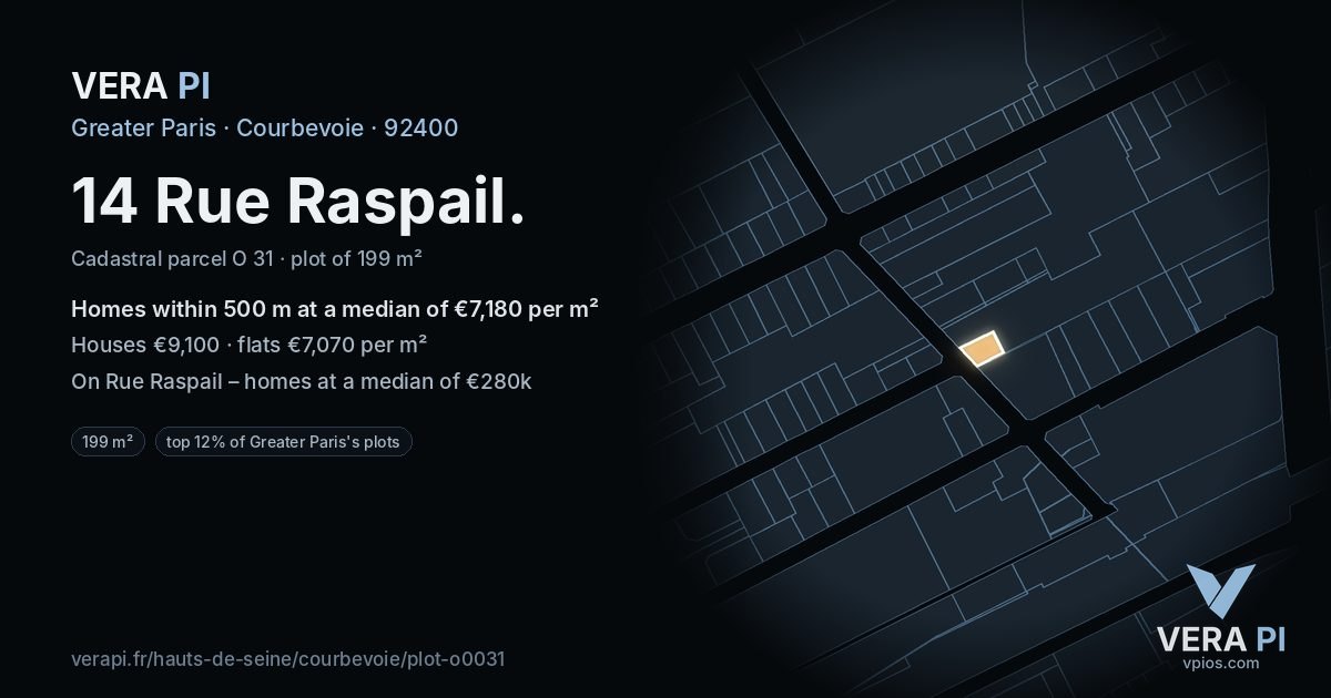 14 Rue Raspail, Courbevoie at night – the plot lit, the parcels around coloured by the prices near them