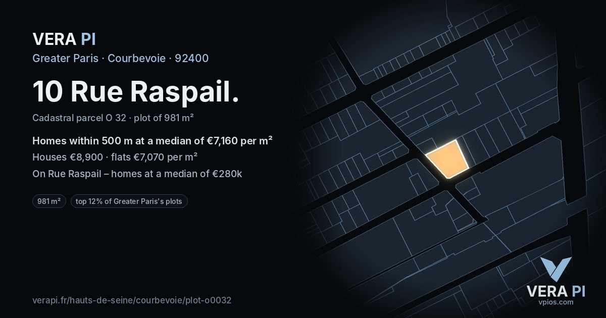 10 Rue Raspail, Courbevoie at night – the plot lit, the parcels around coloured by the prices near them