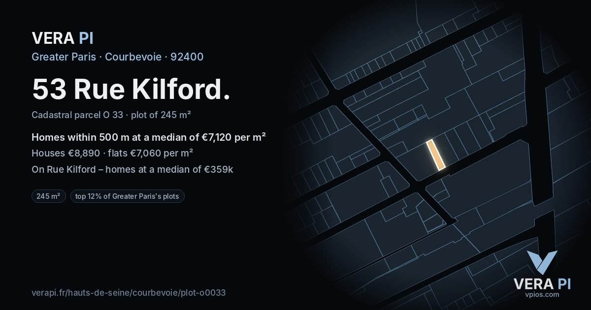 53 Rue Kilford, Courbevoie at night – the plot lit, the parcels around coloured by the prices near them