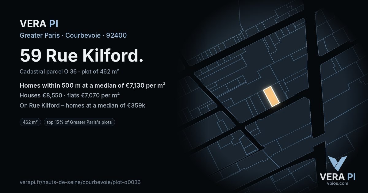 59 Rue Kilford, Courbevoie at night – the plot lit, the parcels around coloured by the prices near them