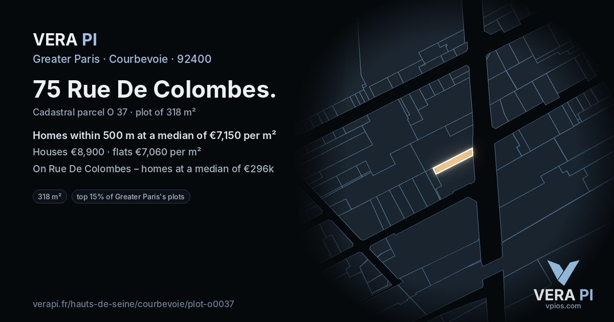 75 Rue De Colombes, Courbevoie at night – the plot lit, the parcels around coloured by the prices near them
