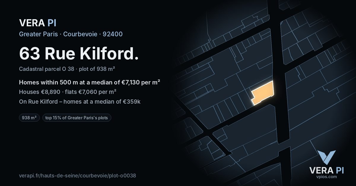 63 Rue Kilford, Courbevoie at night – the plot lit, the parcels around coloured by the prices near them
