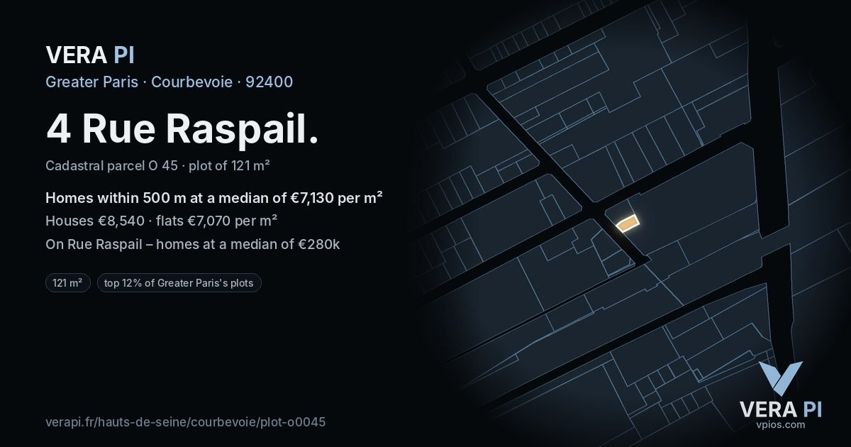 4 Rue Raspail, Courbevoie at night – the plot lit, the parcels around coloured by the prices near them