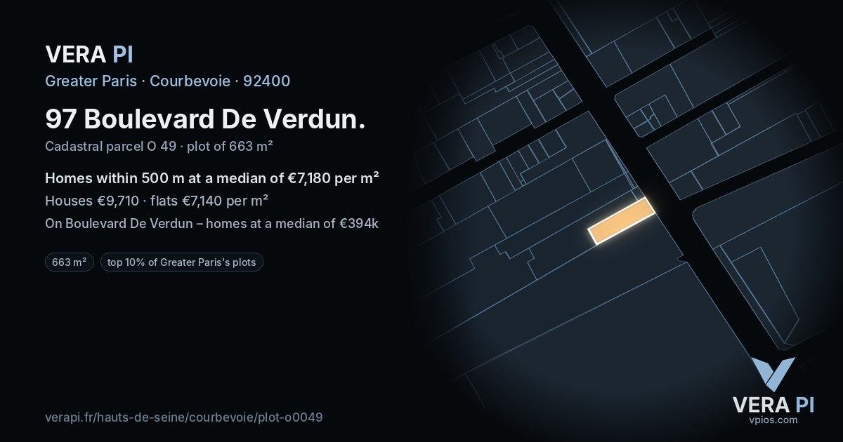 97 Boulevard De Verdun, Courbevoie at night – the plot lit, the parcels around coloured by the prices near them