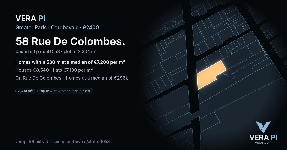 58 Rue De Colombes, Courbevoie at night – the plot lit, the parcels around coloured by the prices near them