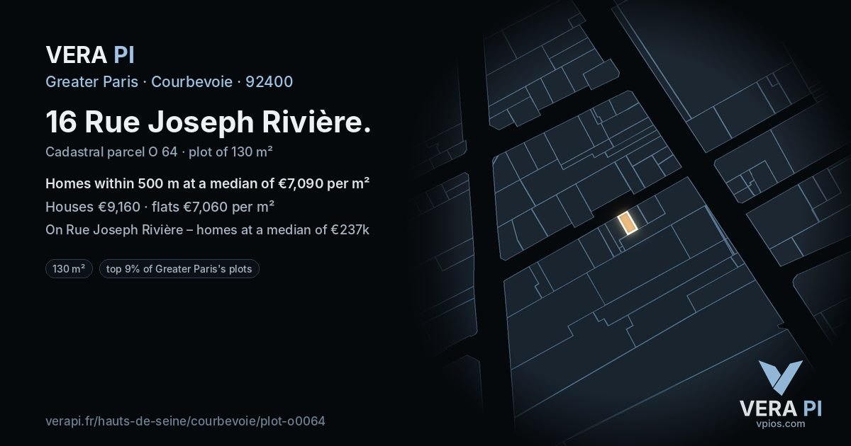 16 Rue Joseph Rivière, Courbevoie at night – the plot lit, the parcels around coloured by the prices near them