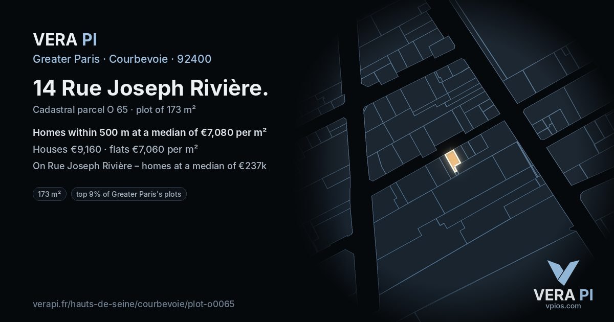 14 Rue Joseph Rivière, Courbevoie at night – the plot lit, the parcels around coloured by the prices near them