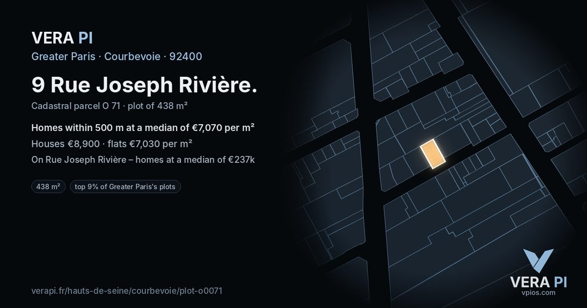 9 Rue Joseph Rivière, Courbevoie at night – the plot lit, the parcels around coloured by the prices near them