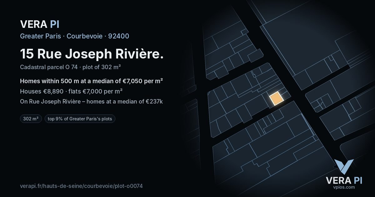 15 Rue Joseph Rivière, Courbevoie at night – the plot lit, the parcels around coloured by the prices near them