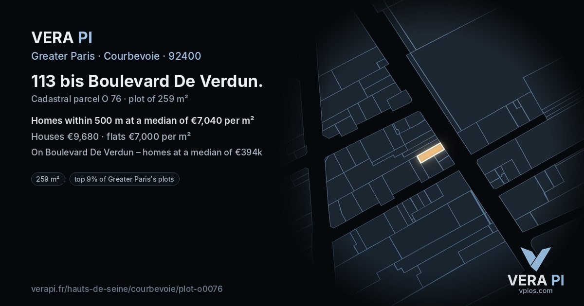 113 bis Boulevard De Verdun, Courbevoie at night – the plot lit, the parcels around coloured by the prices near them