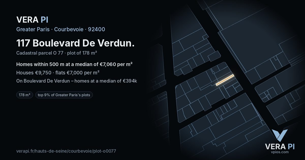 117 Boulevard De Verdun, Courbevoie at night – the plot lit, the parcels around coloured by the prices near them