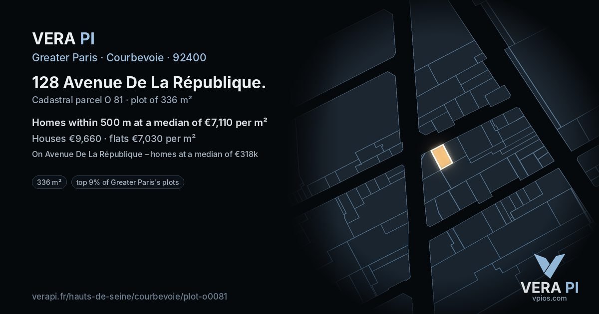 128 Avenue De La République, Courbevoie at night – the plot lit, the parcels around coloured by the prices near them