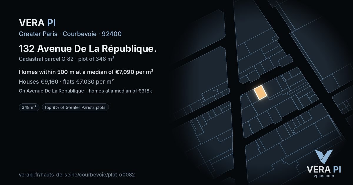 132 Avenue De La République, Courbevoie at night – the plot lit, the parcels around coloured by the prices near them