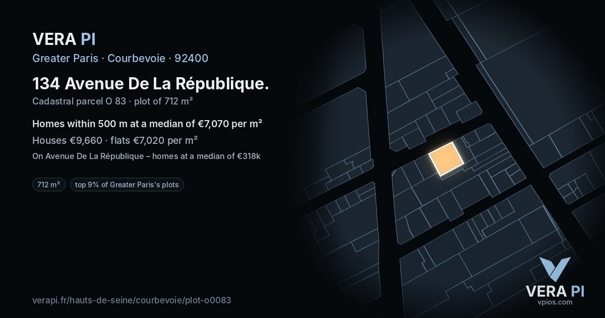 134 Avenue De La République, Courbevoie at night – the plot lit, the parcels around coloured by the prices near them
