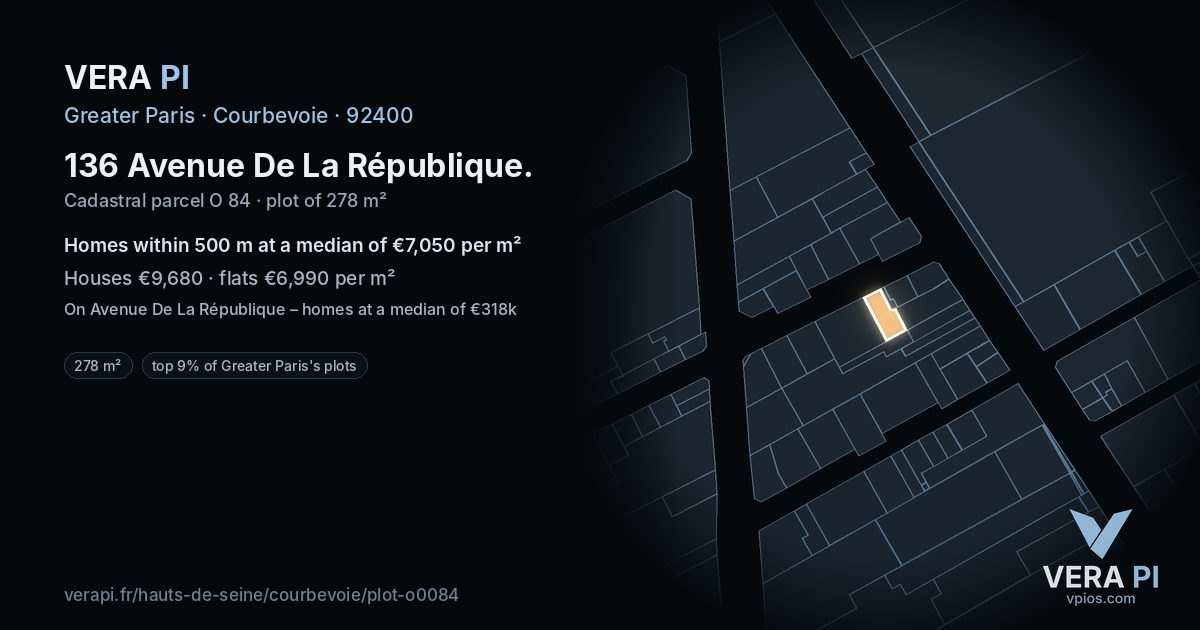 136 Avenue De La République, Courbevoie at night – the plot lit, the parcels around coloured by the prices near them