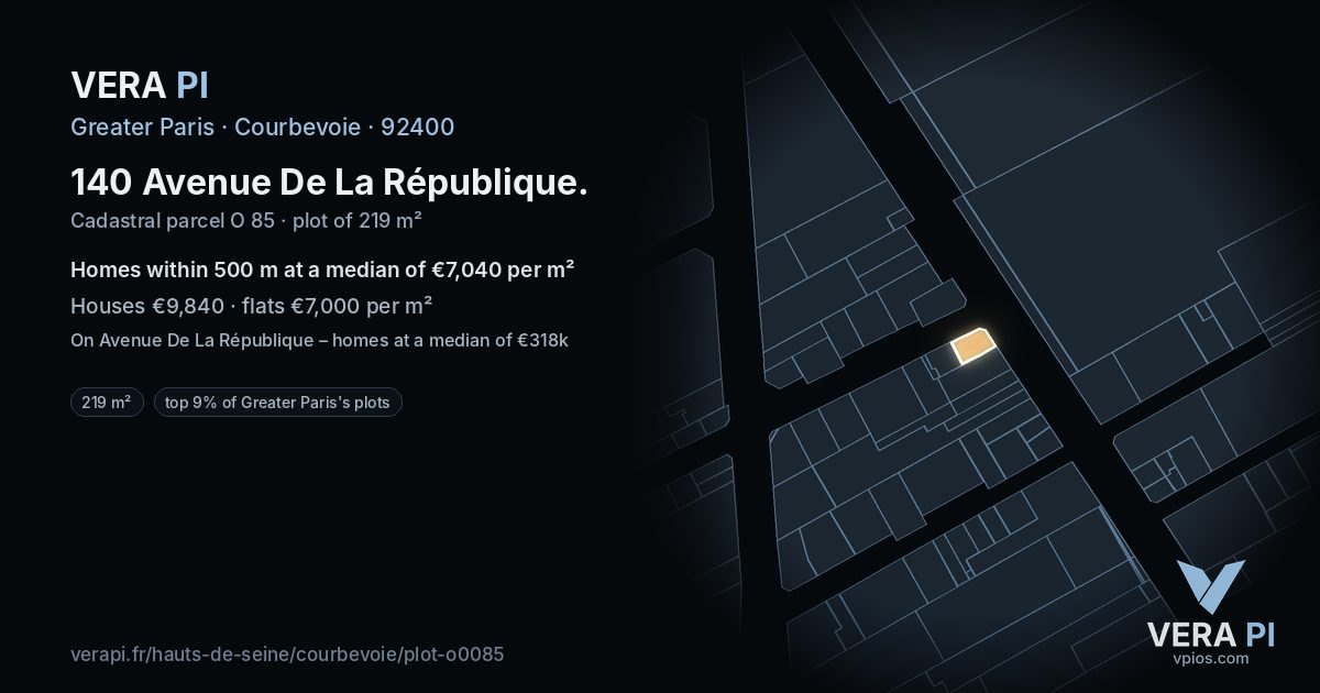 140 Avenue De La République, Courbevoie at night – the plot lit, the parcels around coloured by the prices near them