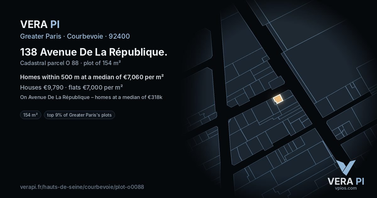 138 Avenue De La République, Courbevoie at night – the plot lit, the parcels around coloured by the prices near them