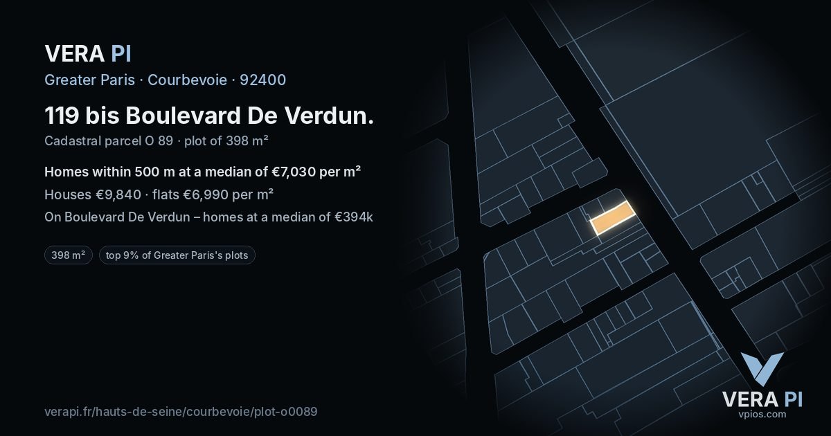 119 bis Boulevard De Verdun, Courbevoie at night – the plot lit, the parcels around coloured by the prices near them