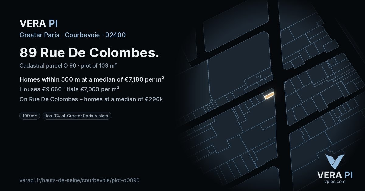 89 Rue De Colombes, Courbevoie at night – the plot lit, the parcels around coloured by the prices near them
