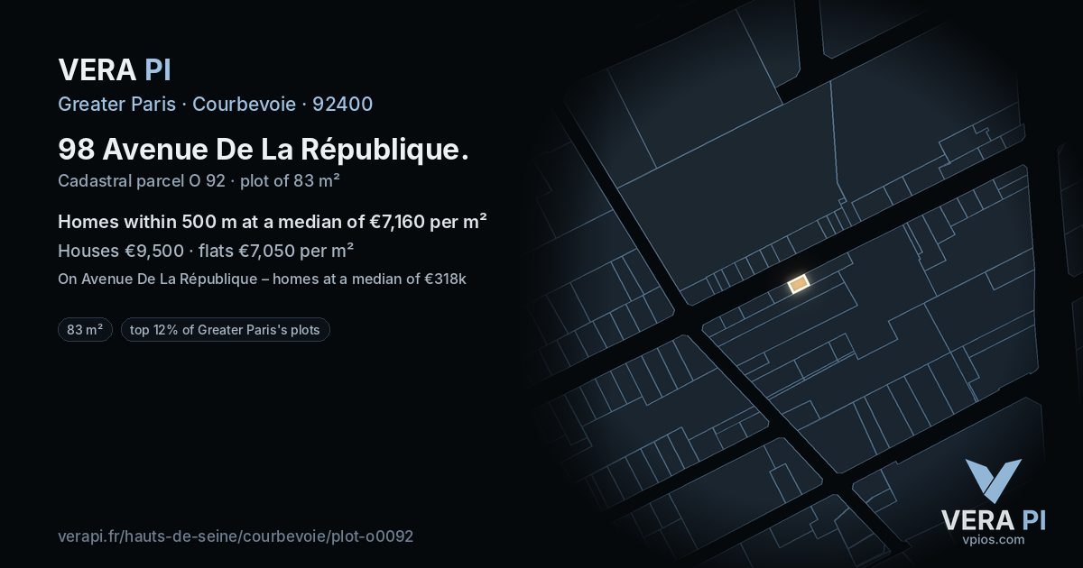 98 Avenue De La République, Courbevoie at night – the plot lit, the parcels around coloured by the prices near them