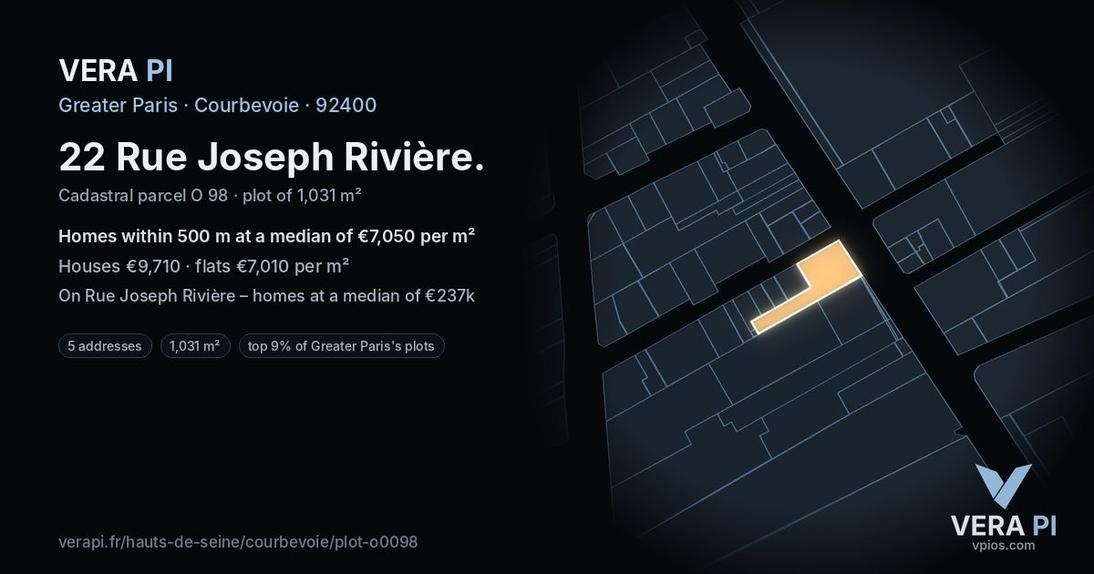 22 Rue Joseph Rivière, Courbevoie at night – the plot lit, the parcels around coloured by the prices near them
