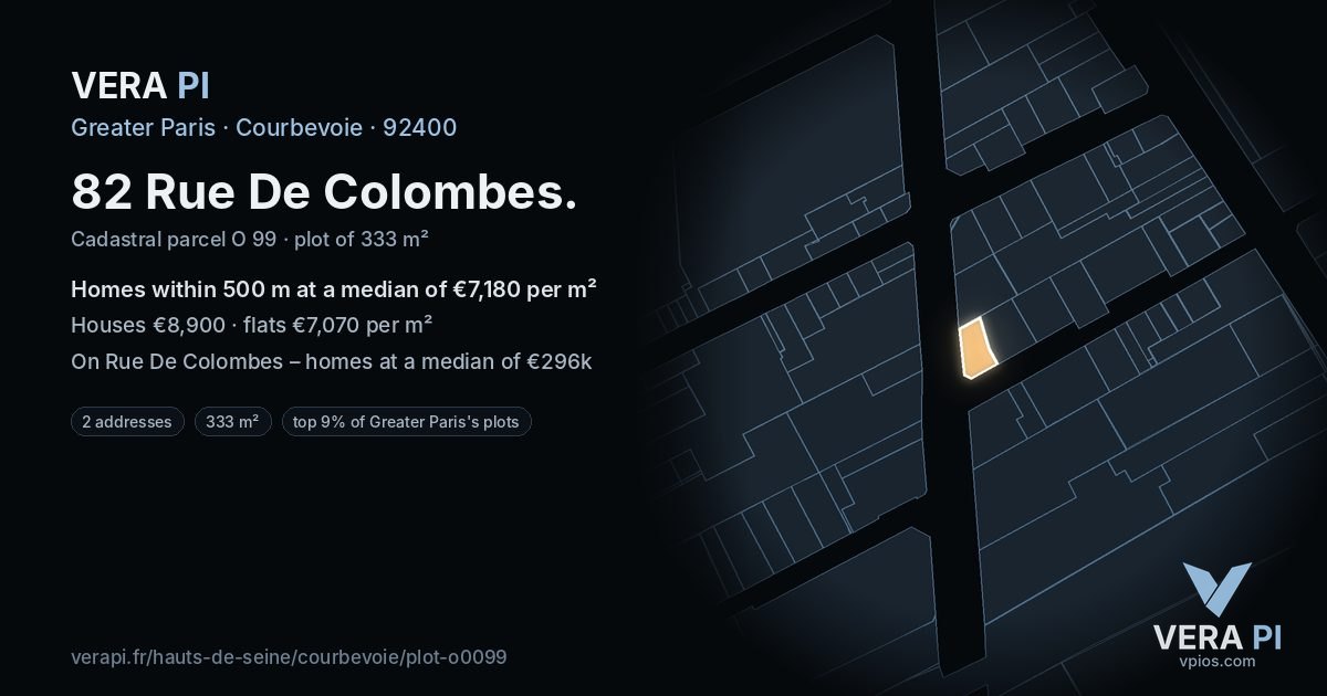 82 Rue De Colombes, Courbevoie at night – the plot lit, the parcels around coloured by the prices near them