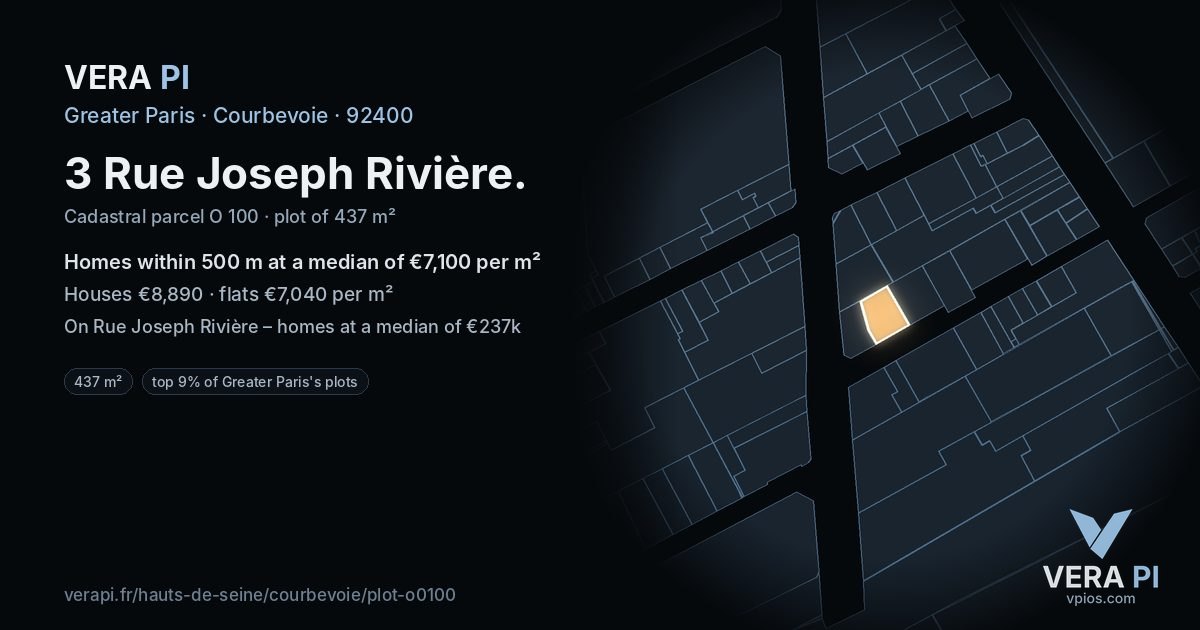 3 Rue Joseph Rivière, Courbevoie at night – the plot lit, the parcels around coloured by the prices near them