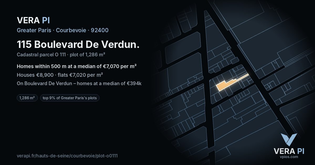 115 Boulevard De Verdun, Courbevoie at night – the plot lit, the parcels around coloured by the prices near them