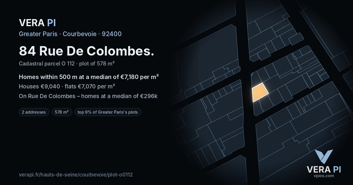 84 Rue De Colombes, Courbevoie at night – the plot lit, the parcels around coloured by the prices near them