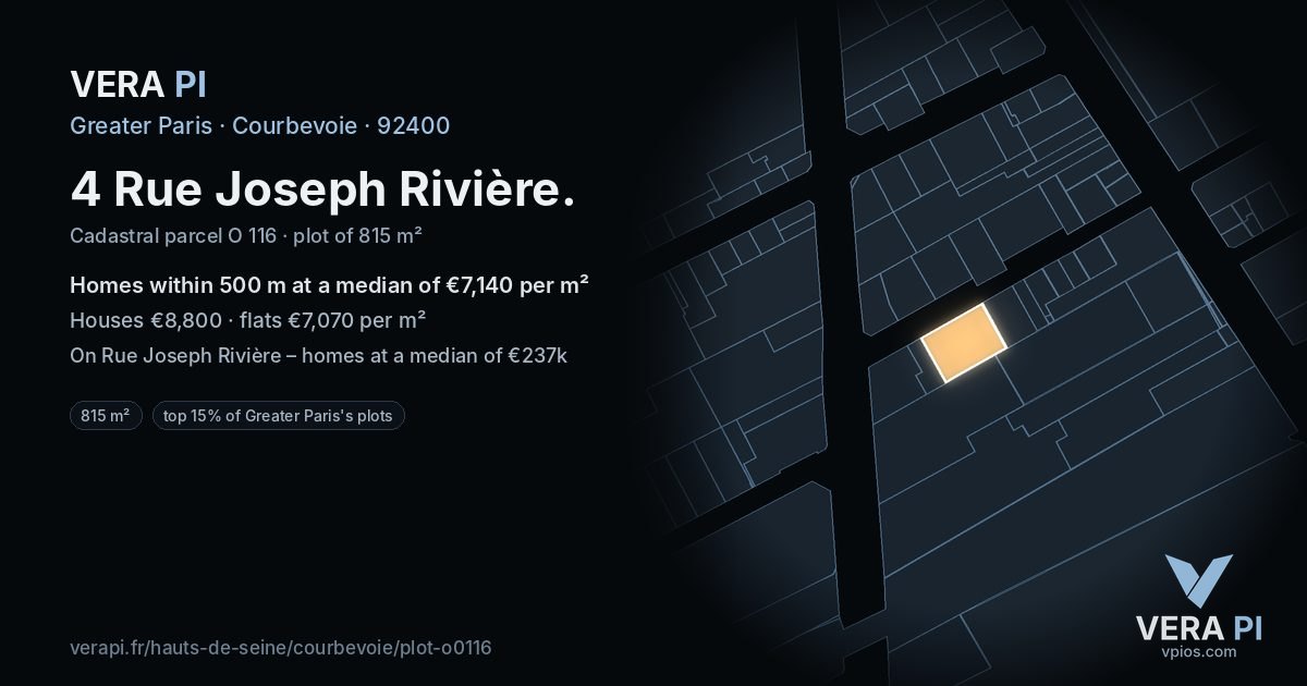 4 Rue Joseph Rivière, Courbevoie at night – the plot lit, the parcels around coloured by the prices near them