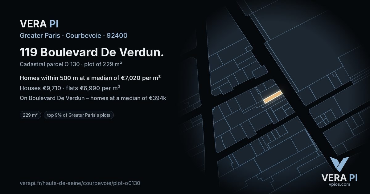 119 Boulevard De Verdun, Courbevoie at night – the plot lit, the parcels around coloured by the prices near them
