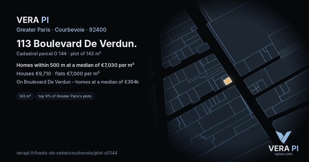 113 Boulevard De Verdun, Courbevoie at night – the plot lit, the parcels around coloured by the prices near them