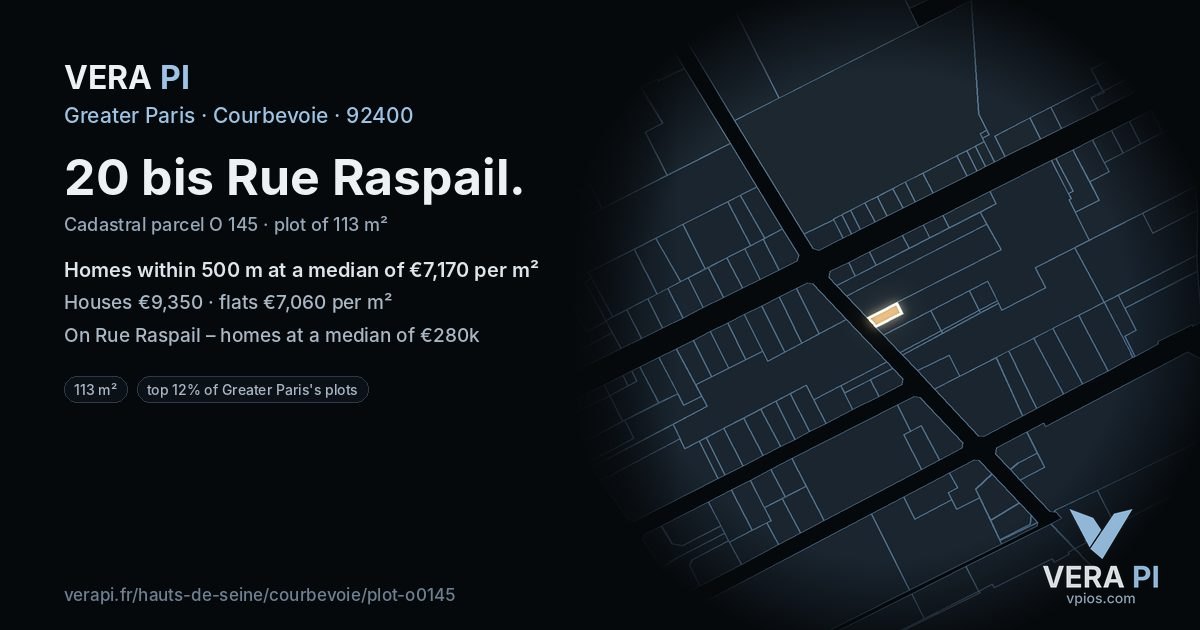 20 bis Rue Raspail, Courbevoie at night – the plot lit, the parcels around coloured by the prices near them