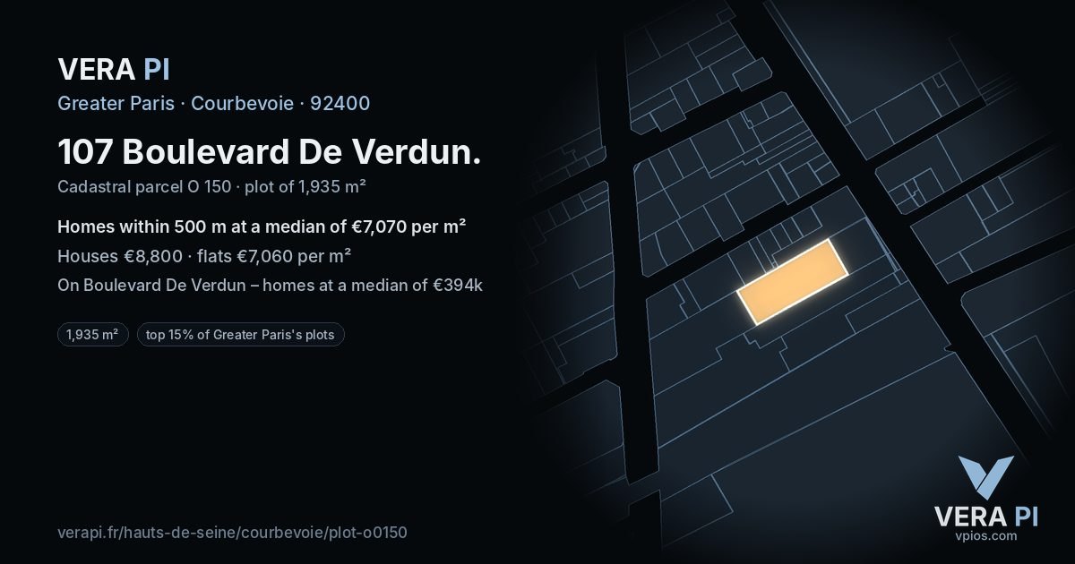 107 Boulevard De Verdun, Courbevoie at night – the plot lit, the parcels around coloured by the prices near them