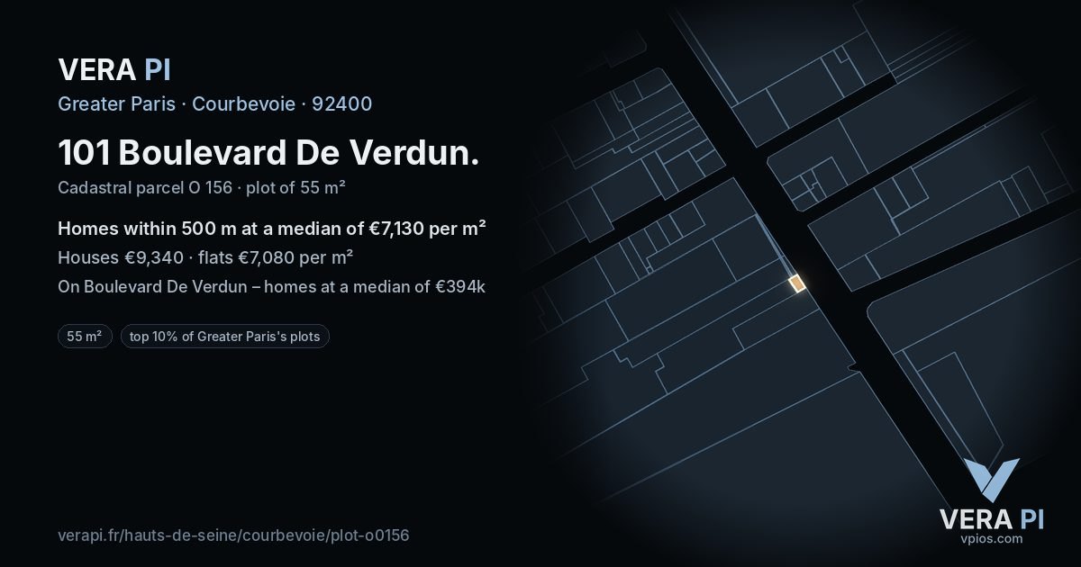 101 Boulevard De Verdun, Courbevoie at night – the plot lit, the parcels around coloured by the prices near them